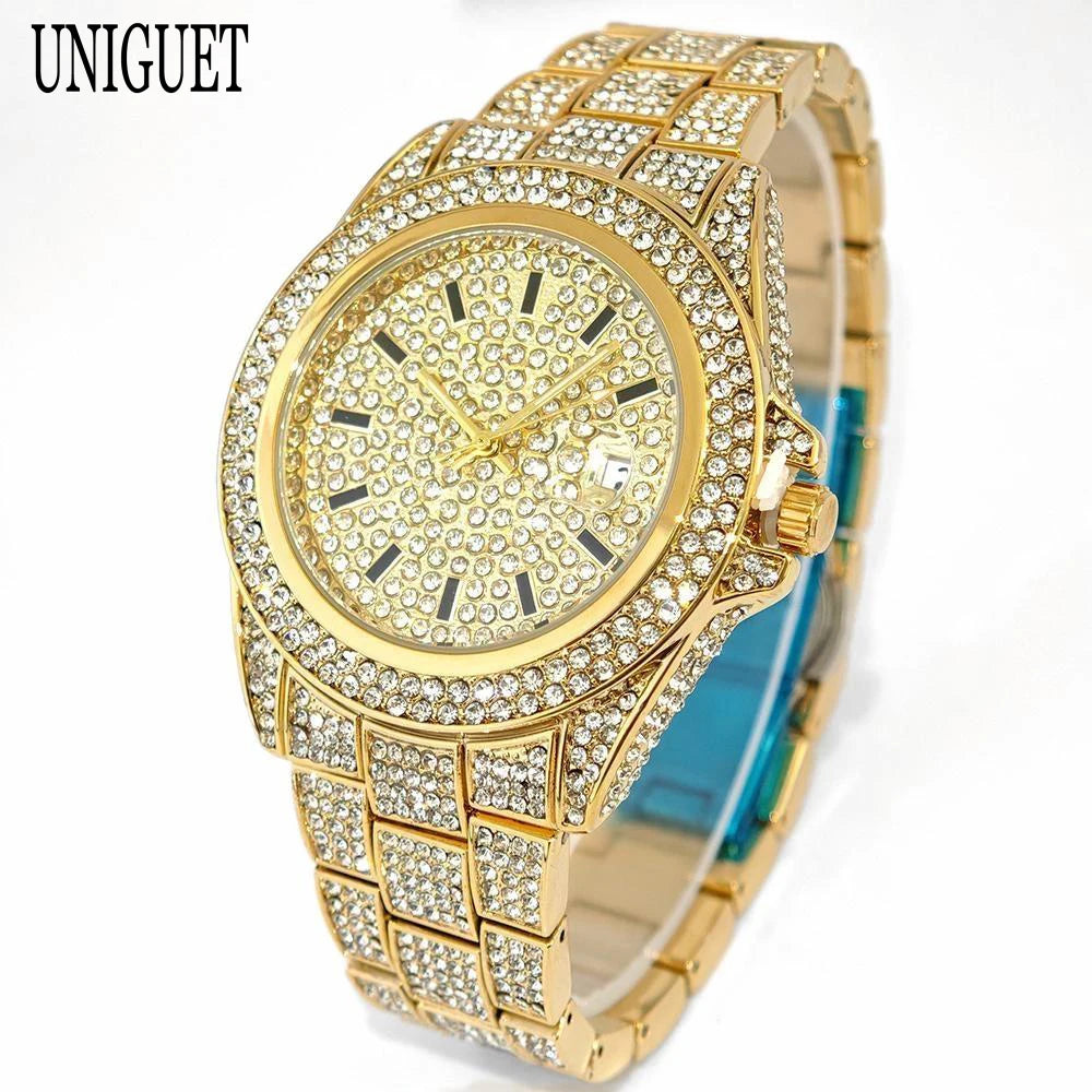 2025 Top Luxury Gold Mens Watches Fashion Design Hip Hop Diamond Watch with Calendar Waterproof Quartz Wristwatches Man Gift Hot